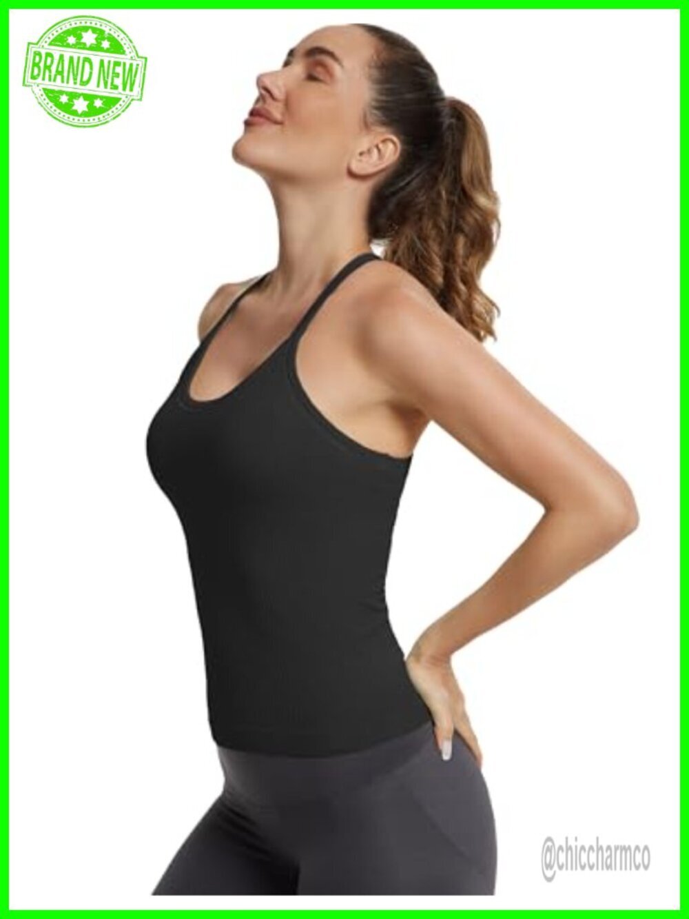 Seamless Workout Tank Top with Built In Bra Racerback Ribbed Soft Yoga - Picture 4 of 7